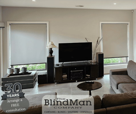 White roller blinds in living room